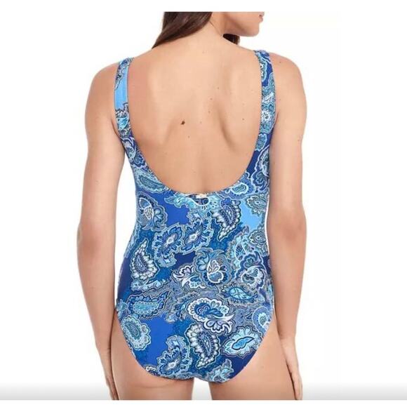 Lauren Ralph Lauren Blue Paisley Print Ruched One Piece Swimsuit Size 16 - Picture 4 of 9
